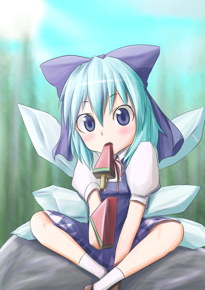 1girl blue_eyes blue_hair cirno dress indian_style kounotsuki_yuu looking_at_viewer mouth_hold offering popsicle puffy_short_sleeves puffy_sleeves rock short_hair short_sleeves sitting sitting_on_rock touhou watermelon_bar wings