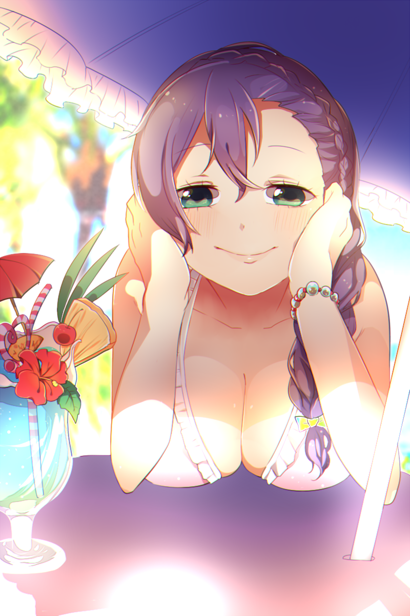1girl alternate_hairstyle bikini blush braid breast_rest breasts cleavage green_eyes hands_on_own_cheeks hands_on_own_face highres long_hair looking_at_viewer love_live!_school_idol_project purple_hair side_braid smile solo swimsuit tokiwa_(io) toujou_nozomi