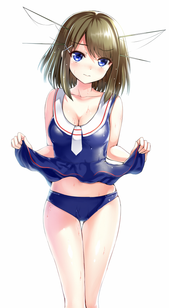 1girl arudehido blue_eyes blue_swimsuit blush breasts brown_hair headgear kantai_collection looking_at_viewer maya_(kantai_collection) sailor_dress skirt skirt_lift solo sweat swimsuit thigh_gap white_background