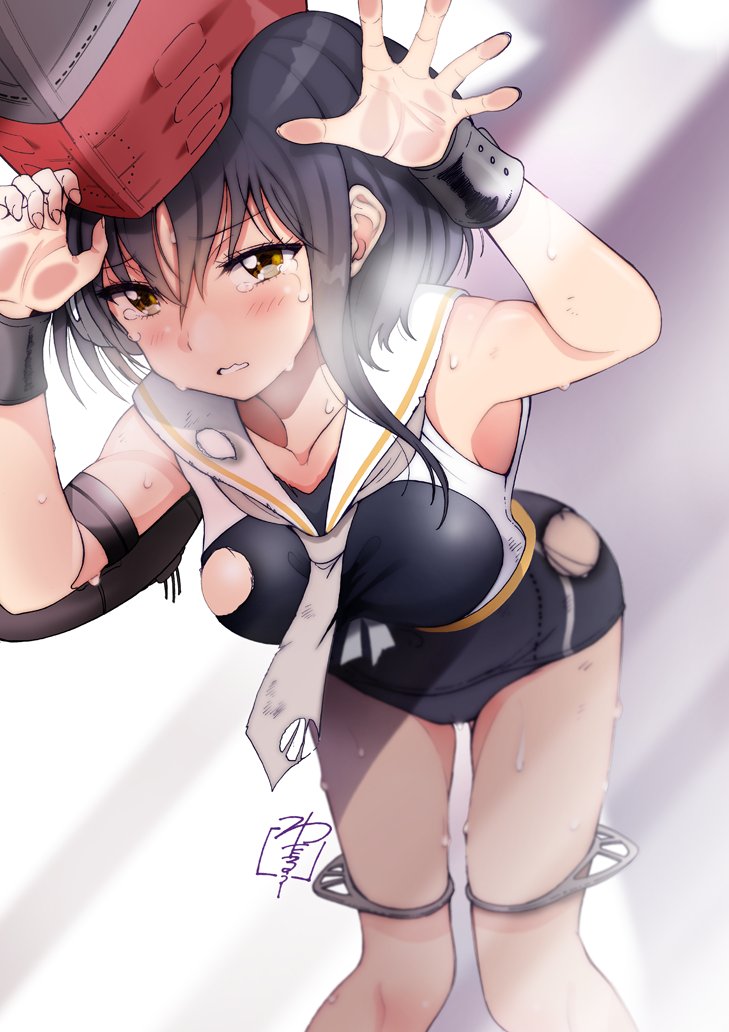 blush breasts closed_mouth crying crying_with_eyes_open eyebrows_visible_through_hair gradient gradient_background hair_between_eyes i-13_(kantai_collection) kantai_collection looking_at_viewer medium_hair neckerchief school_swimsuit school_uniform serafuku small_breasts swimsuit tears torn_clothes torn_swimsuit yamasaki_wataru yellow_eyes
