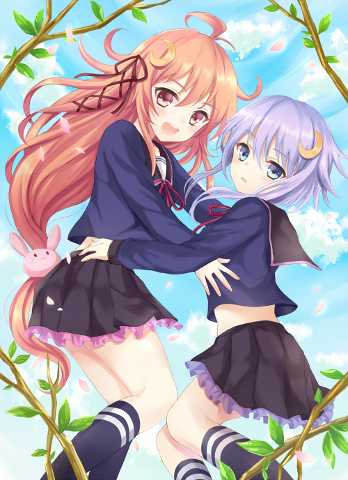 2girls ahoge blue_eyes blush brown_eyes brown_hair bunny_hair_ornament crescent_hair_ornament hair_ornament hair_ribbon harimoji hug kantai_collection long_hair long_sleeves looking_at_viewer low-tied_long_hair multiple_girls open_mouth ribbon school_uniform serafuku short_hair short_hair_with_long_locks skirt smile uzuki_(kantai_collection) very_long_hair yayoi_(kantai_collection)