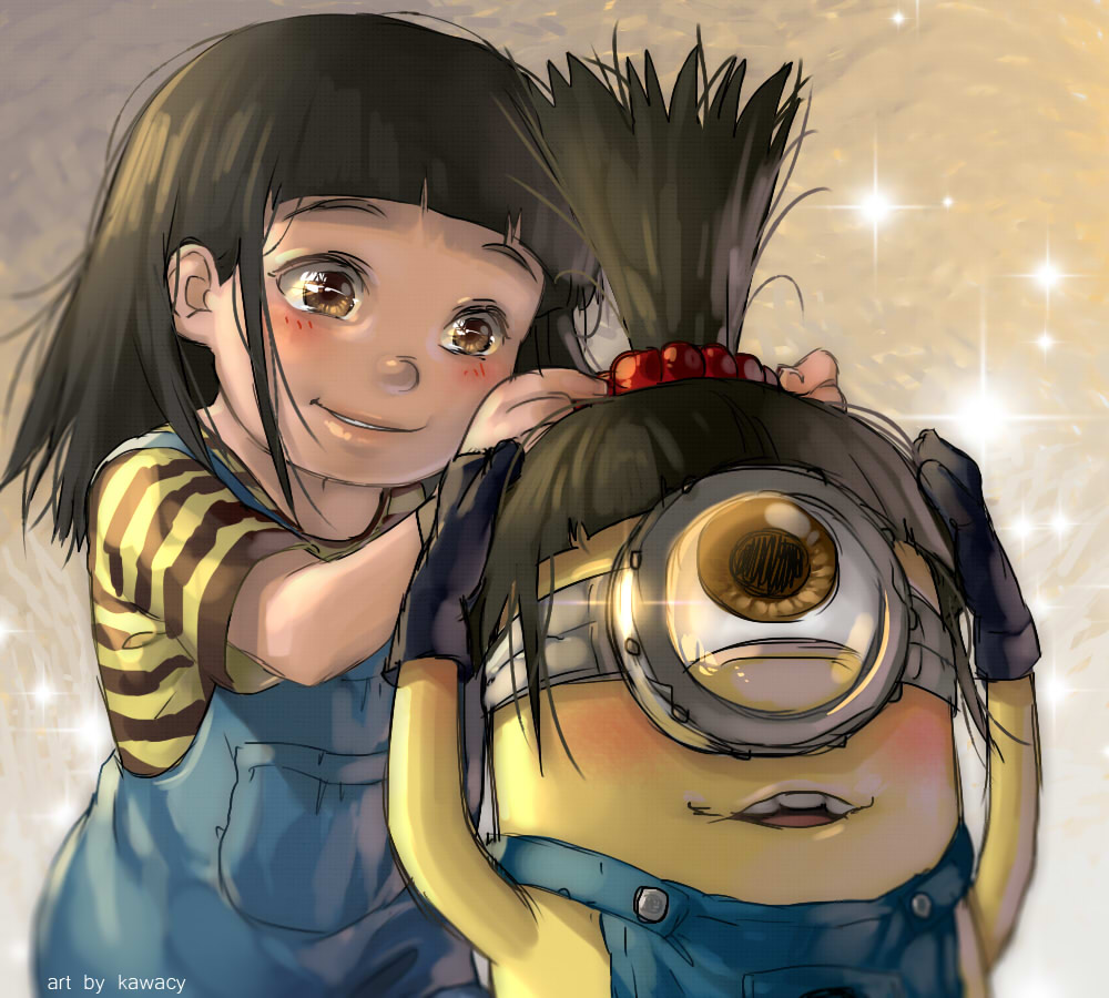 1girl agnes_(despicable_me) artist_name black_gloves black_hair blush brown_eyes despicable_me glint gloves goggles hair_bobbles hair_ornament high_ponytail kawacy minion_(despicable_me) overalls shirt striped striped_shirt wig yellow_skin