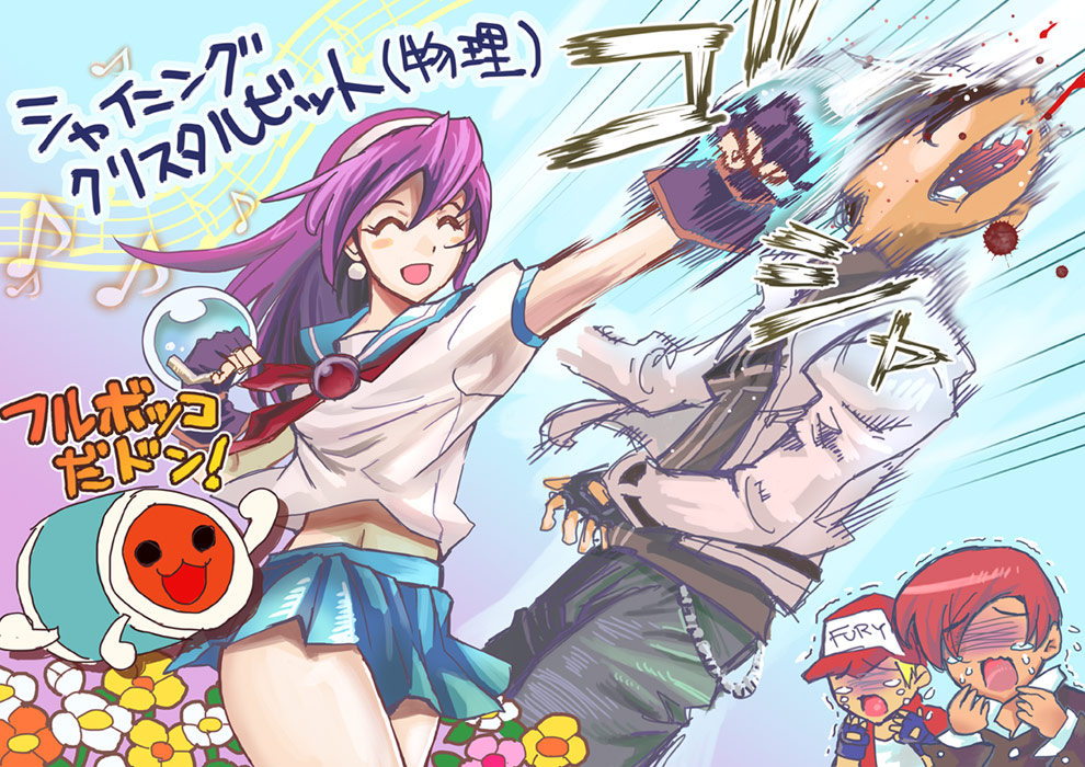 1girl 3boys :3 :d ^_^ asamiya_athena bangs baseball_cap black_hair blonde_hair blood blood_splatter blush blush_stickers brooch chain chibi closed_eyes crying dual_wielding earrings faceless faceless_male fighting_stance fingerless_gloves flower gloves gradient gradient_background hairband hat holding in_container jacket jewelry king_of_fighters kusanagi_kyou laughing long_hair midriff miniskirt motion_blur motion_lines multiple_boys musical_note navel neckerchief nose_blush open_clothes open_jacket open_mouh open_mouth outstretched_arm pants pleated_skirt punching purple_hair rhythm_of_fighters saturn-freak school_uniform serafuku sheet_music shirt short_hair short_sleeves skirt smile solo_focus speed_lines standing taiko_no_tatsujin tears terry_bogard translation_request trembling wavy_mouth weapon yagami_iori