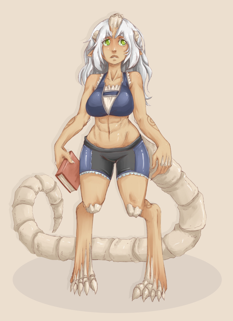 1girl abs barefoot bike_shorts book breasts claws dark_skin endless_library eyebrows full_body green_eyes holding holding_book horns lizhp long_hair long_tail midriff monster_girl original pointy_ears simple_background solo sports_bra tail whistle_frog white_hair