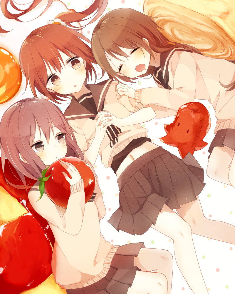 3girls :o :| black_clothes boyano braid brown_eyes brown_hair dots drooling egg food hair_ornament hands_clasped in_food long_hair looking_at_another multiple_girls open_mouth original pastry pleated_skirt school_uniform serafuku side_ponytail simple_background sitting skirt sleeping tako-san_wiener tomato white_background white_clothes