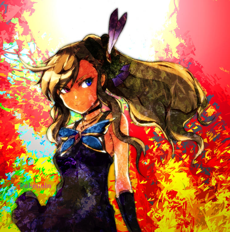 1girl ahoge akenoin_soumon bare_shoulders black_bow black_gloves blonde_hair blue_eyes bow brooch butterfly choker colorful feathers gloves hair_bow heterochromia idolmaster idolmaster_one_for_all jewelry long_hair looking_away necklace pink_eyes ponytail reon_(idolmaster) smile solo texture twitter_username