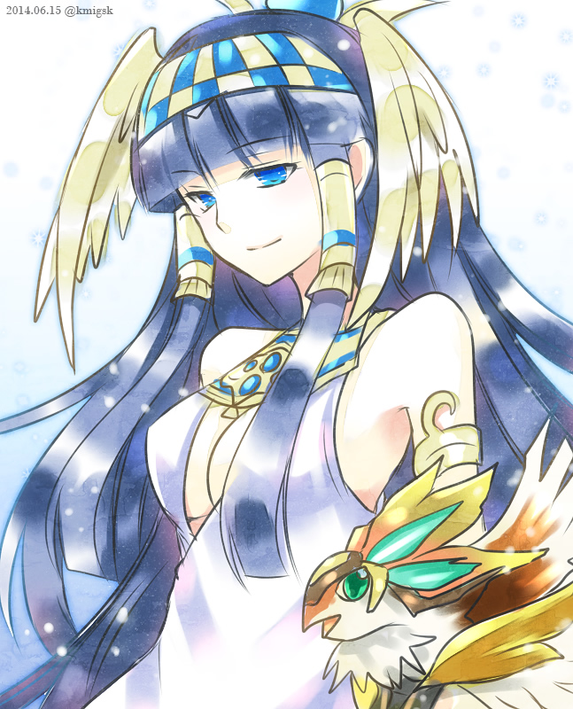 1girl animal armlet bangs bare_shoulders bird black_hair blue_eyes blunt_bangs breasts bust chisa cleavage dated dress egyptian egyptian_clothes hair_tubes hairband horus_(p&amp;d) isis_(p&amp;d) light_smile long_hair puzzle_&amp;_dragons sleeveless sleeveless_dress solo twitter_username very_long_hair white_dress winged_hair_ornament