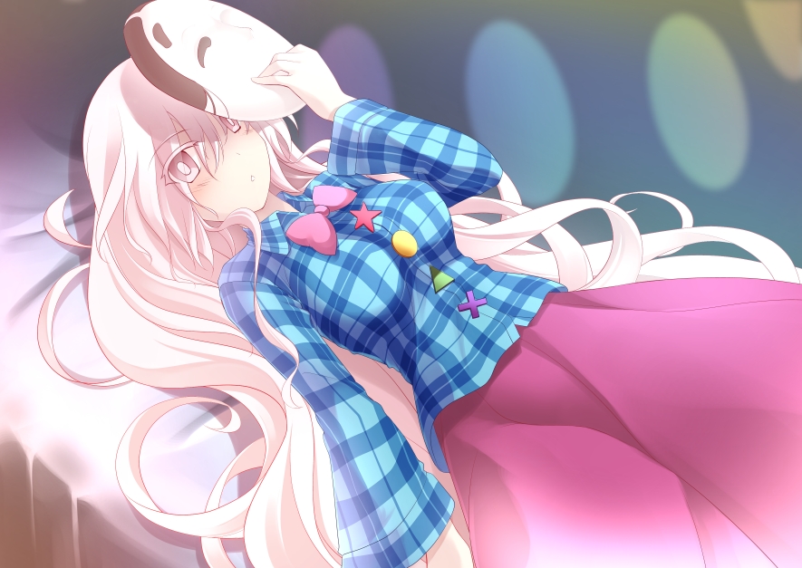 1girl blush bubble_skirt gisyo hata_no_kokoro long_hair long_sleeves looking_at_viewer lying mask on_back pink_eyes pink_hair plaid plaid_shirt skirt solo touhou very_long_hair