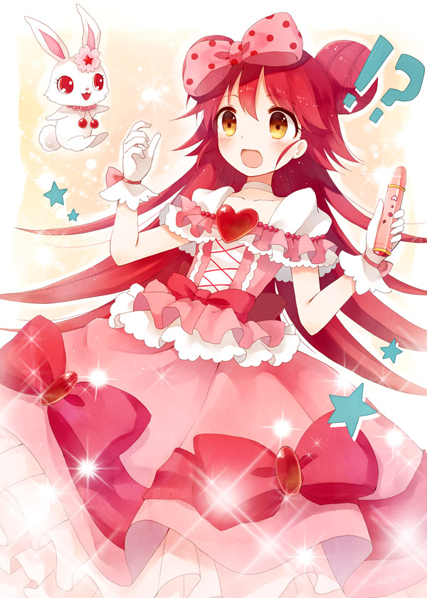 !? 1girl :d bow brown_eyes choker collarbone double_bun dress frilled_dress frills gloves hair_bow hair_bun hair_ribbon holding jewelpet_(series) lady_jewelpet long_hair looking_at_viewer momona open_mouth redhead ribbon ruby_(jewelpet) smile sparkle star surprised white_gloves yon_(letter)