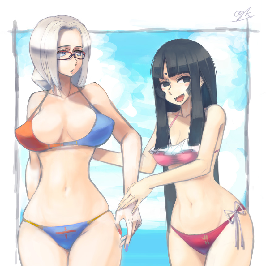 2girls artist_name bangs bespectacled bikini black_hair blue_eyes blue_sky breasts clouds collarbone frills glasses hime_cut hips houraisan_kaguya large_breasts looking_at_another looking_away mound_of_venus multicolored_bikini multicolored_nail_polish multiple_girls nail_polish navel ocean oo_gata_ken open_mouth pink_bikini ribbon signature silver_hair sky smile swimsuit touhou yagokoro_eirin