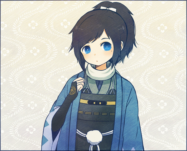 1boy ayu_(mog) black_hair blue_eyes bust haori japanese_clothes looking_at_viewer male_focus mole mole_under_eye ponytail shinsengumi solo touken_ranbu yamato-no-kami_yasusada