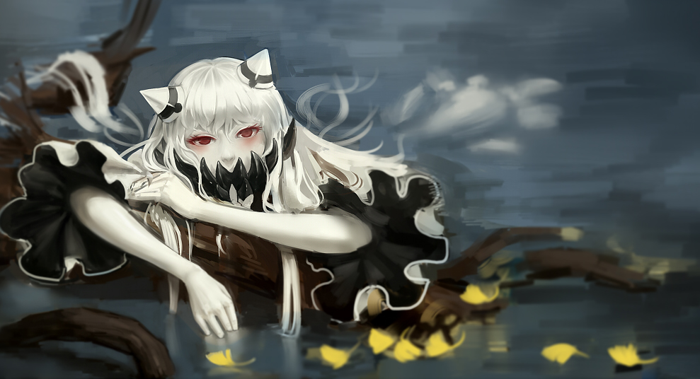 1girl blurry blush covering_mouth depth_of_field dress head_rest horns kantai_collection kirigaku_luo long_hair looking_at_viewer midway_hime pale_skin partially_submerged red_eyes roots shinkaisei-kan solo white_dress white_hair