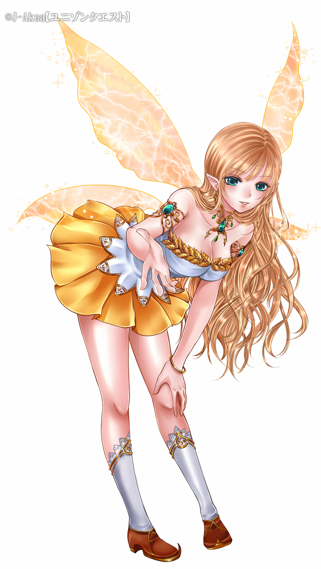 1girl akari1205 aqua_eyes bangs blonde_hair bracelet breasts character_request cleavage copyright_name fairy_wings jewelry long_hair official_art parted_lips pleated_skirt pointy_ears pointy_shoes simple_background skirt smile socks solo swept_bangs unison_quest very_long_hair white_background white_legwear wings yellow_skirt