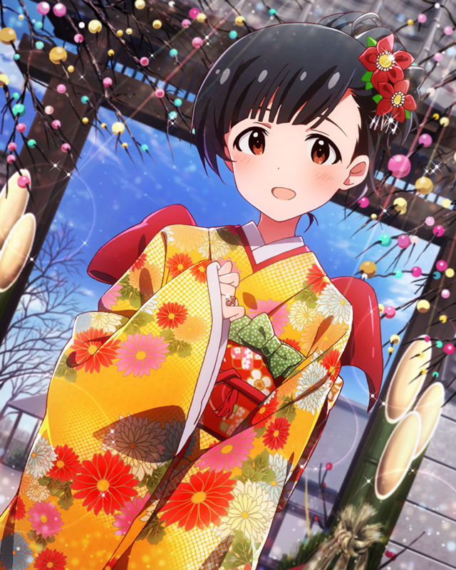 1girl :d alternate_hairstyle artist_request bare_tree beamed_quavers black_hair brown_eyes clouds dutch_angle floral_print flower hair_flower hair_ornament hair_up heart idolmaster idolmaster_million_live! japanese_clothes jpeg_artifacts kimono looking_at_viewer musical_note nakatani_iku official_art open_mouth quaver short_hair sky smile solo source_request star tree