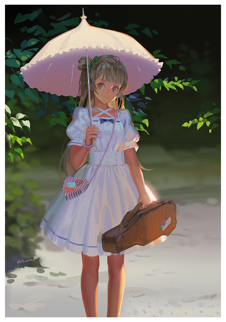 1girl alphonse_(white_datura) bag blonde_hair comic dress grey_eyes long_hair looking_at_viewer love_live!_school_idol_project minami_kotori one_side_up parasol puffy_short_sleeves puffy_sleeves short_sleeves shoulder_bag smile solo umbrella very_long_hair violin_case white_dress