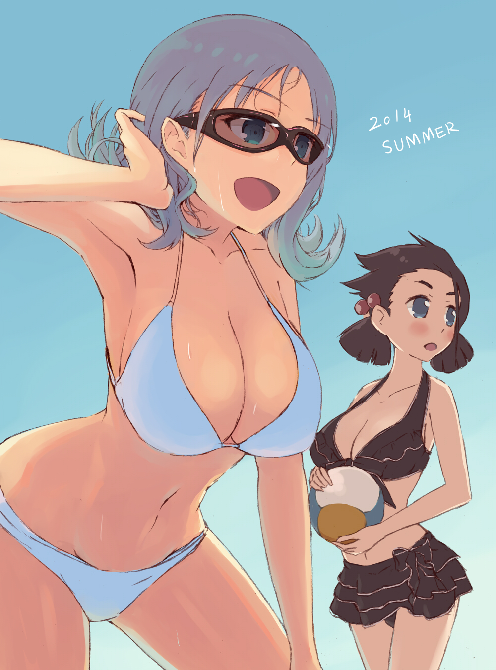 2014 2girls :d armpits atago_kinue ball beachball bikini blue_background blue_eyes blue_hair breasts brown_hair cleavage collarbone cowboy_shot english frilled_bikini frills glasses hair_bobbles hair_ornament highres low_twintails multiple_girls navel open_mouth saki sketch smile swimsuit taoru twintails ueshige_suzu