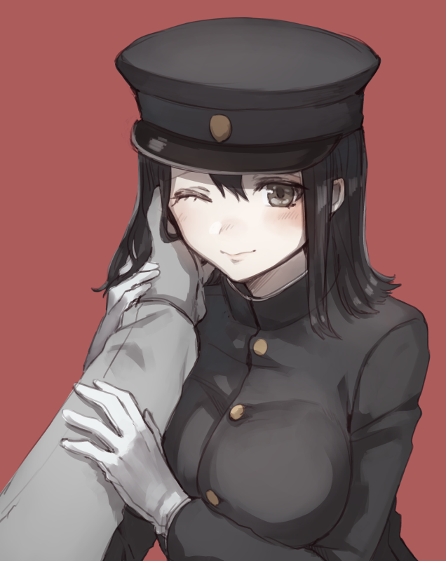 1girl akitsu_maru_(kantai_collection) black_hair breasts caress gloves grey_eyes hand_on_another's_cheek hand_on_another's_face hat kantai_collection large_breasts light_smile military military_uniform one_eye_closed peaked_cap red_background solo_focus uniform veryberry00 white_gloves