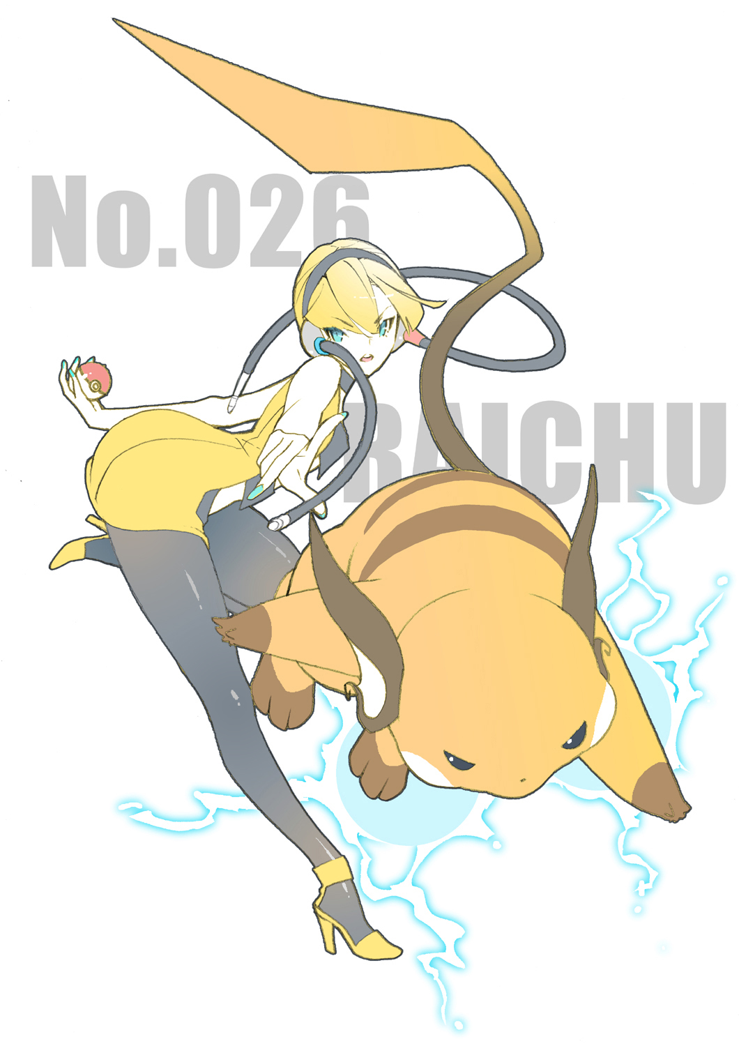 1girl bare_shoulders black_legwear blonde_hair blue_eyes headphones high_heels highres kamitsure_(pokemon) nail_polish poke_ball pokemon pokemon_(creature) raichu sora_tokumo