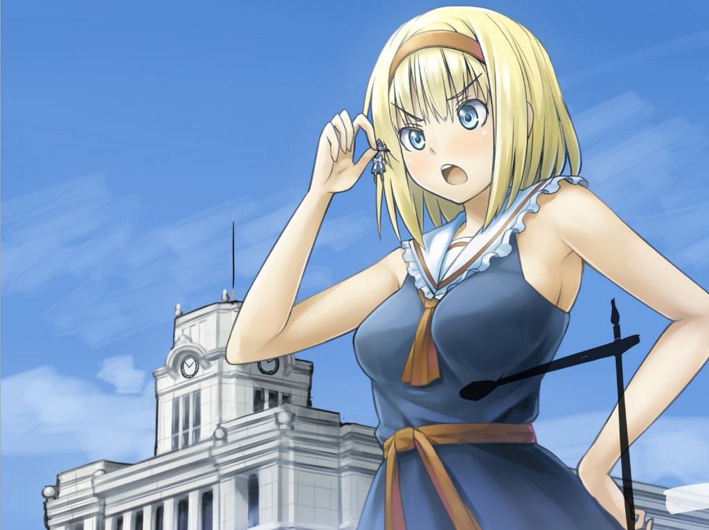 2girls alice_margatroid angry antennae apron armpits bangs black_dress blonde_hair blue_dress blue_eyes blue_sky bow breasts building clock dress giantess hand_on_hip hat hat_bow headband holding kirisame_marisa kuro_oolong lamppost looking_at_another multiple_girls open_mouth ribbon sailor_collar sky sleeveless tagme touhou witch_hat