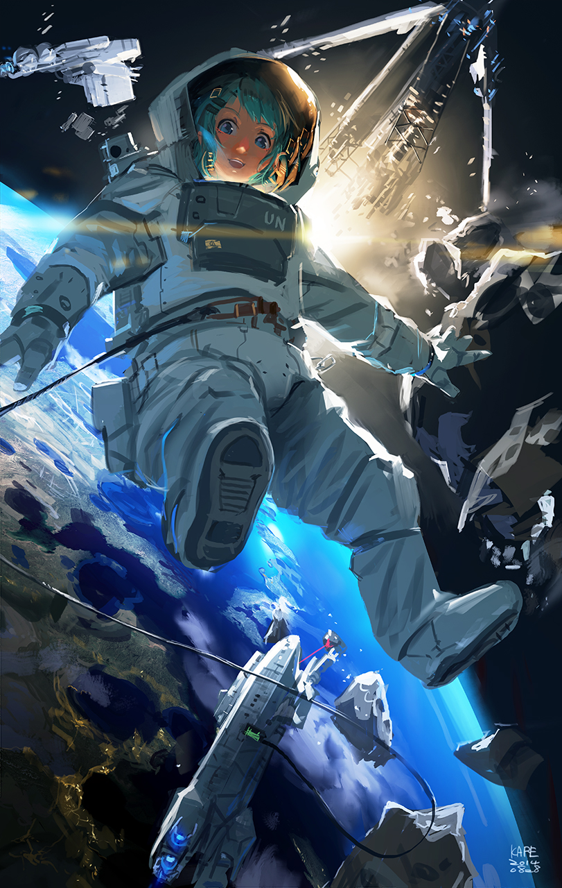 1girl aqua_hair astronaut blue_eyes boots debris earth floating gloves helmet highres original planet revision science_fiction smile solo space space_colony space_craft space_shuttle spacesuit sun tagme tommy830219