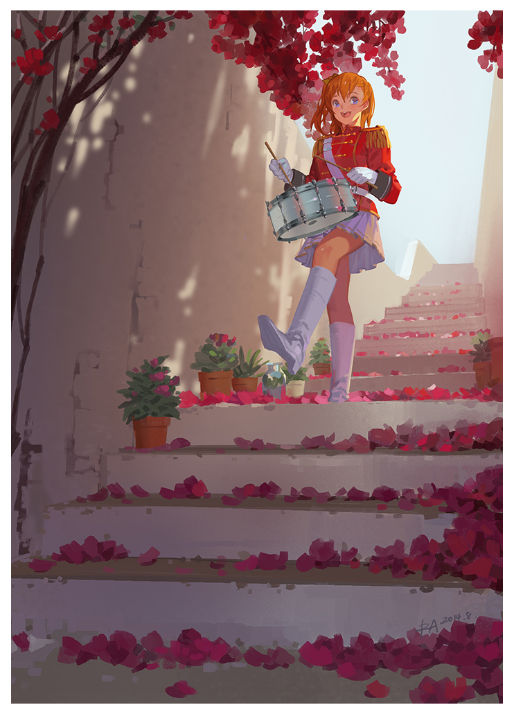 1girl alphonse_(white_datura) blonde_hair blue_eyes boots drum drumsticks gloves instrument knee_boots kousaka_honoka long_sleeves love_live!_school_idol_project open_mouth petals plant potted_plant shirt skirt smile solo stairs tree uniform upskirt white_gloves