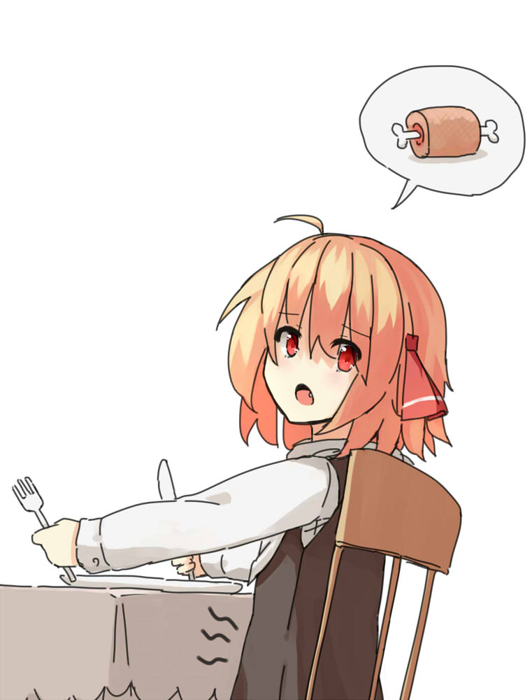 1girl blonde_hair boned_meat d: fang food fork hungry knife meat open_mouth plate red_eyes rumia sh_(562835932) shirt short_hair sitting spoken_food table touhou vest