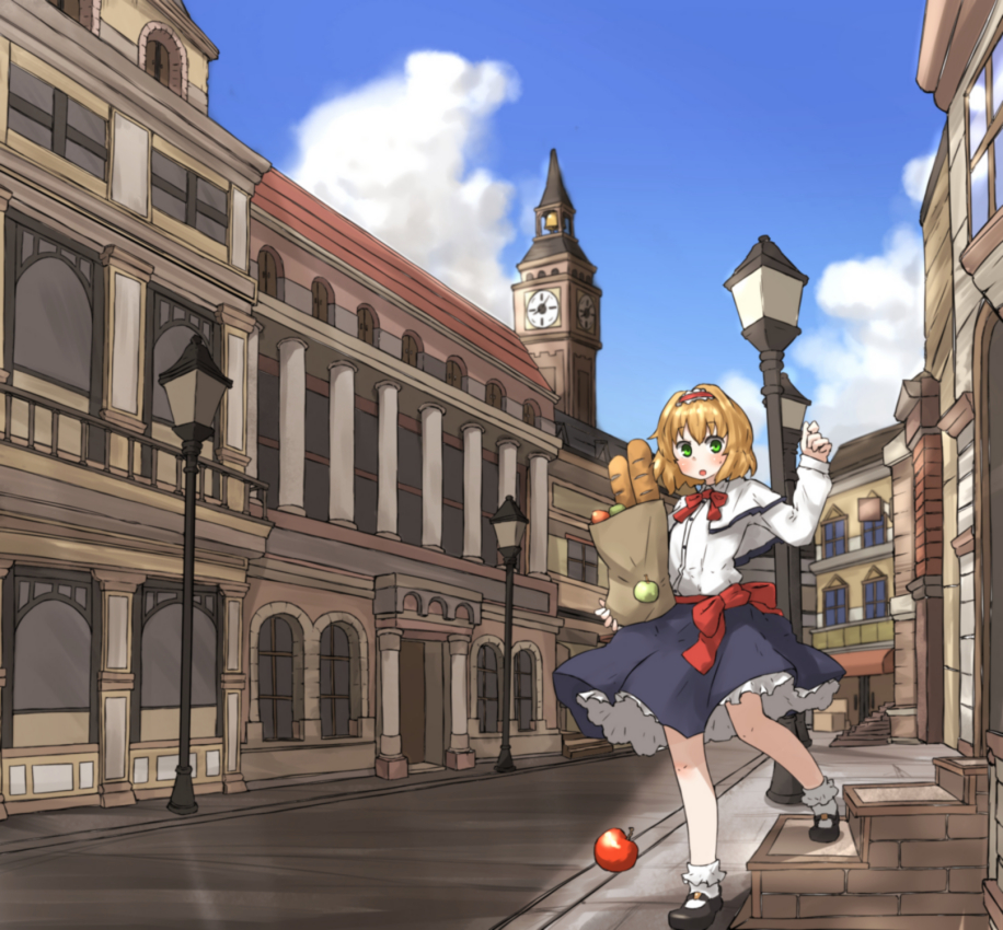 1girl adapted_costume alice_margatroid amonitto apple bag baguette blonde_hair blue_sky bread capelet clock clock_tower clouds food fruit green_eyes hairband lamp lolita_hairband long_sleeves open_mouth pillar sash shirt shopping_bag skirt sky solo stairs touhou tower town