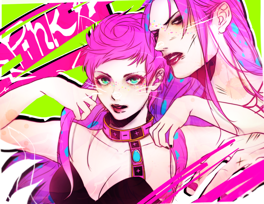 1boy 1girl breasts cleavage diavolo eri127 father_and_daughter freckles green_eyes jojo_no_kimyou_na_bouken lipstick makeup midriff pink_hair short_hair trish_una