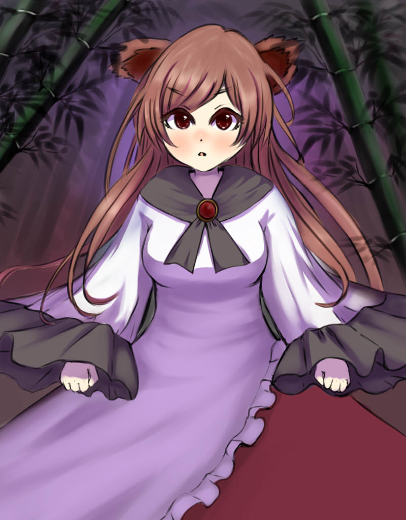 1girl :o animal_ears bamboo bamboo_forest brown_eyes brown_hair dress forest frilled_sleeves frills imaizumi_kagerou long_hair long_sleeves nature puchiyuyoyo touhou wide_sleeves wolf_ears