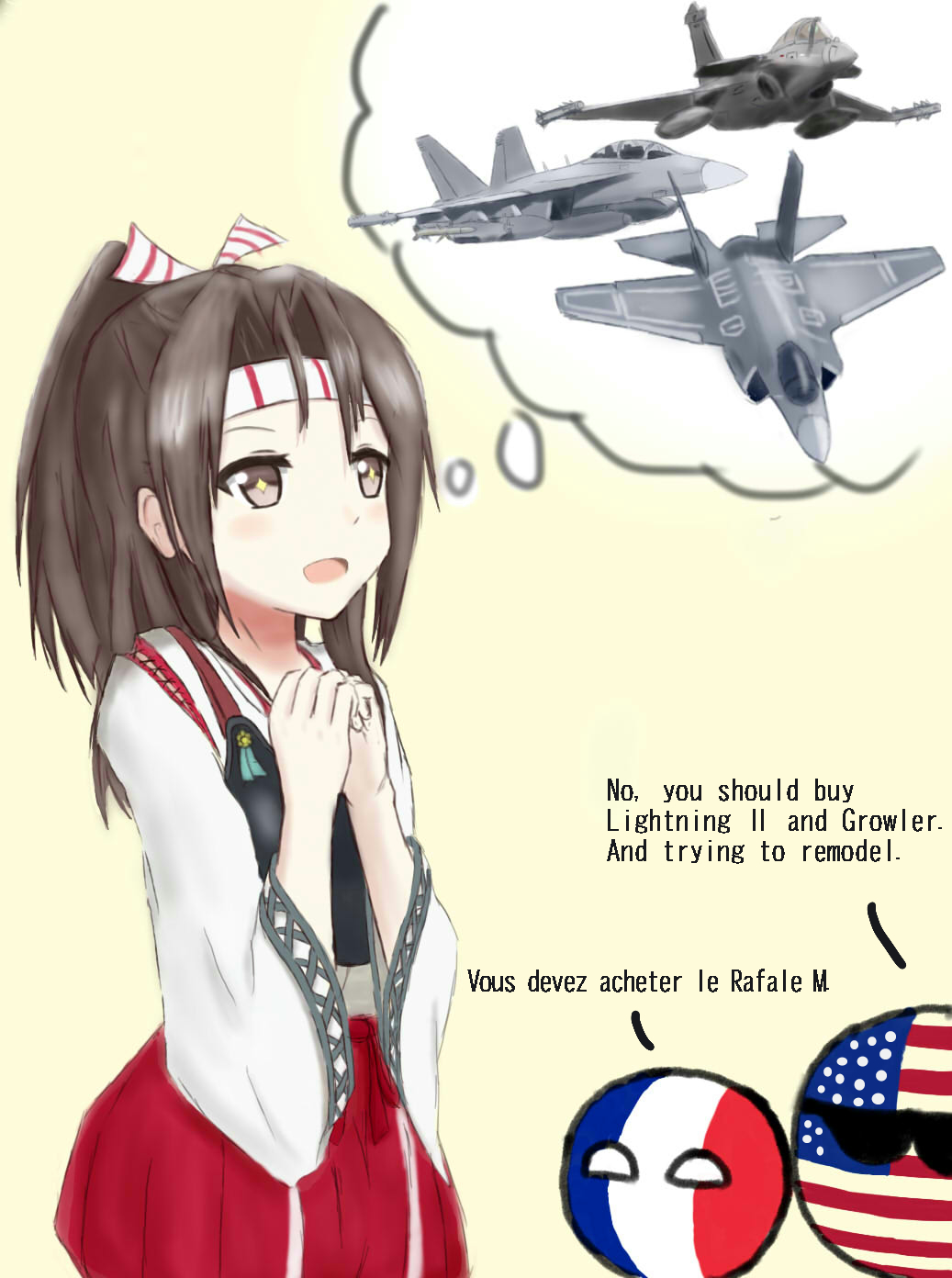 1girl americaball brown_eyes brown_hair countryball crossover dreaming ea-18g engrish f-18 f-35 franceball french fusou_(fuso0205) highres japanese_clothes kantai_collection muneate ponytail rafale ranguage zuihou_(kantai_collection)