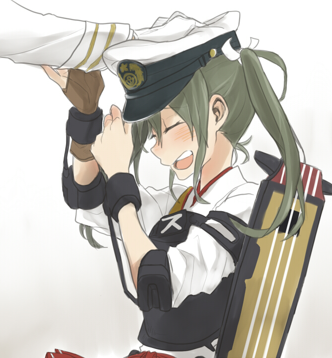 1boy 1girl admiral_(kantai_collection) closed_eyes flight_deck green_hair hat kantai_collection military military_uniform muneate naval_uniform open_mouth out_of_frame peaked_cap ree_(re-19) smile uniform zuikaku_(kantai_collection)