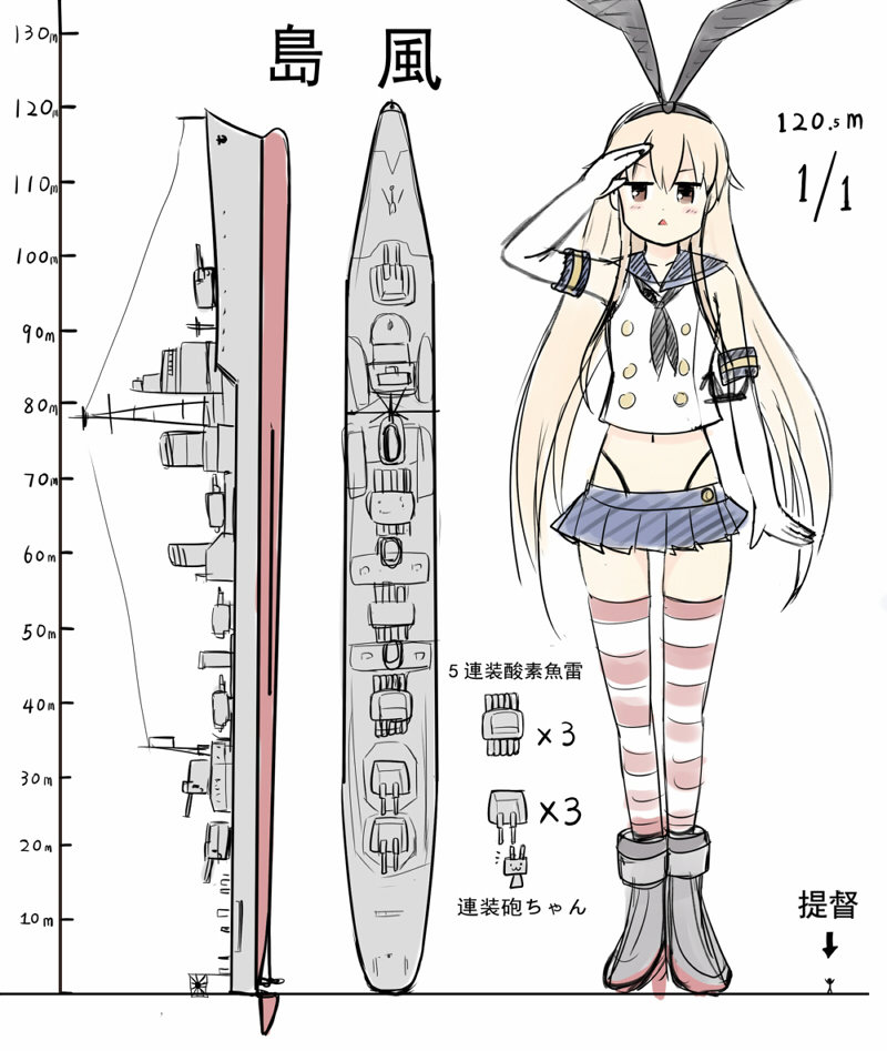 1boy 1girl admiral_(kantai_collection) blonde_hair comparison elbow_gloves giantess gloves hairband height_difference kantai_collection long_hair looking_at_viewer panties pleated_skirt rensouhou-chan salute shimakaze_(destroyer) shimakaze_(kantai_collection) skirt solo_focus striped striped_legwear thigh-highs translated triangle_mouth underwear y.ssanoha