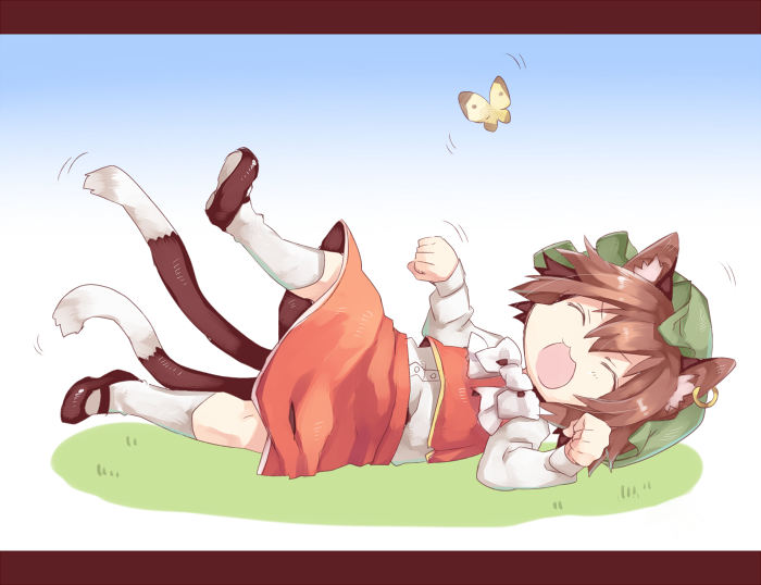 1girl akagashi_hagane animal_ears bow brown_hair butterfly cat_ears cat_tail chen closed_eyes earrings hat jewelry kneehighs long_sleeves lying mary_janes mob_cap multiple_tails on_side open_mouth paws shirt shoes short_hair skirt skirt_set smile solo tail touhou vest white_legwear