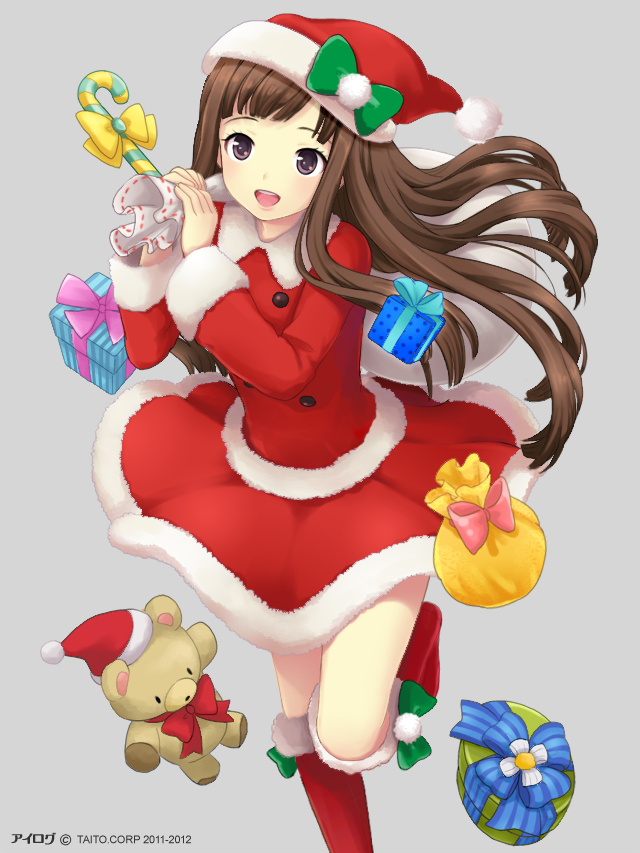1girl :d box brown_eyes brown_hair candy candy_cane carrying_over_shoulder closed_eyes gift gift_box hat ilog looking_at_viewer occhan_(artist) official_art open_mouth santa_costume santa_hat smile solo stuffed_animal stuffed_toy tagme teddy_bear