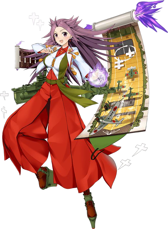 1girl :d airplane blouse blush boots dress_shirt earrings hakama japanese_clothes jewelry jun'you_(kantai_collection) kantai_collection long_hair machinery magatama official_art onmyouji open_mouth purple_hair scroll shikigami shirt smile solo spiky_hair translated vest violet_eyes