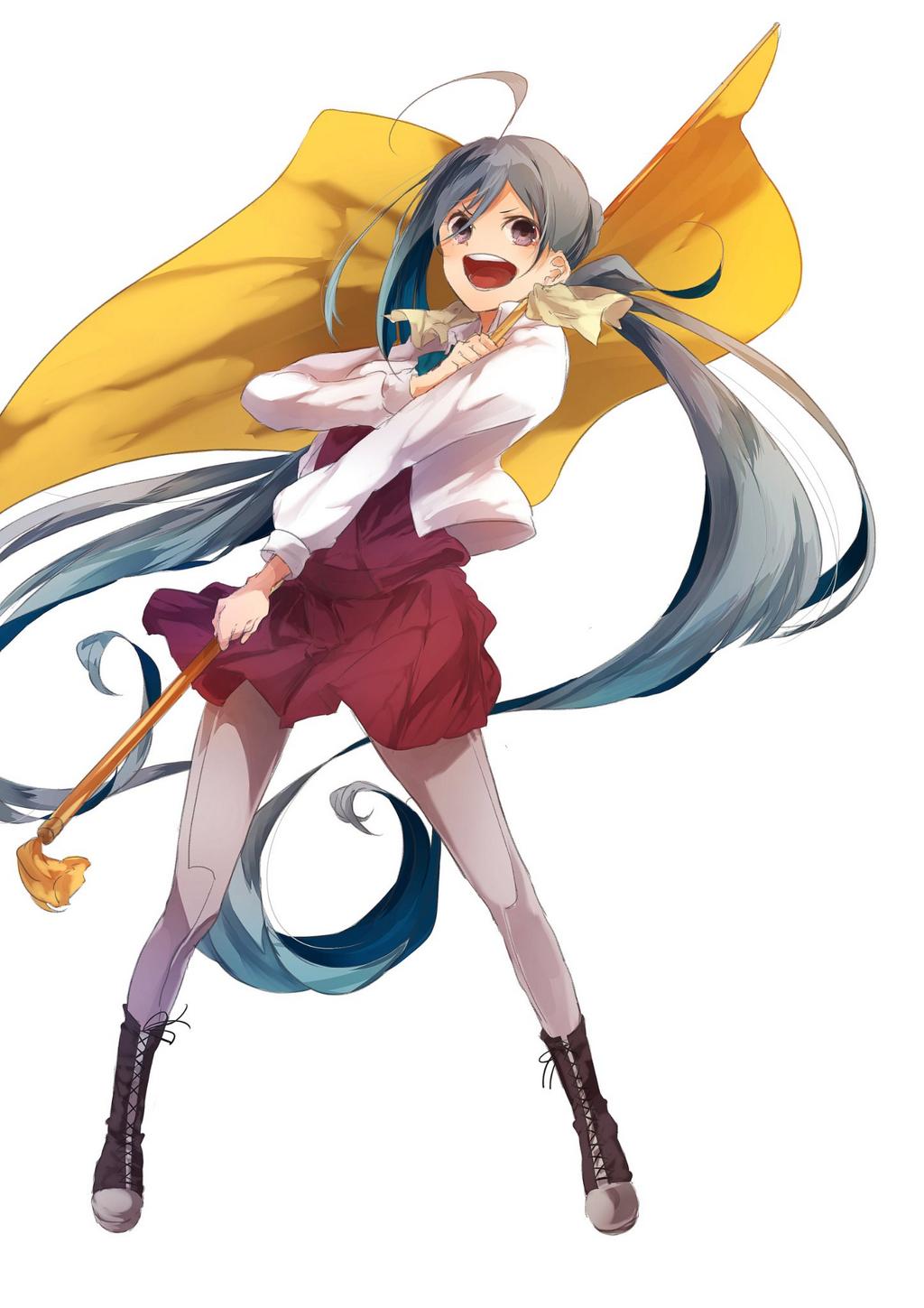 1girl ahoge blue_hair bowtie flag full_body grey_hair highres kantai_collection kiyoshimo_(kantai_collection) long_hair long_sleeves looking_at_viewer open_mouth pantyhose ragu_(myan_nyan) simple_background skirt smile solo standing twintails very_long_hair violet_eyes white_background