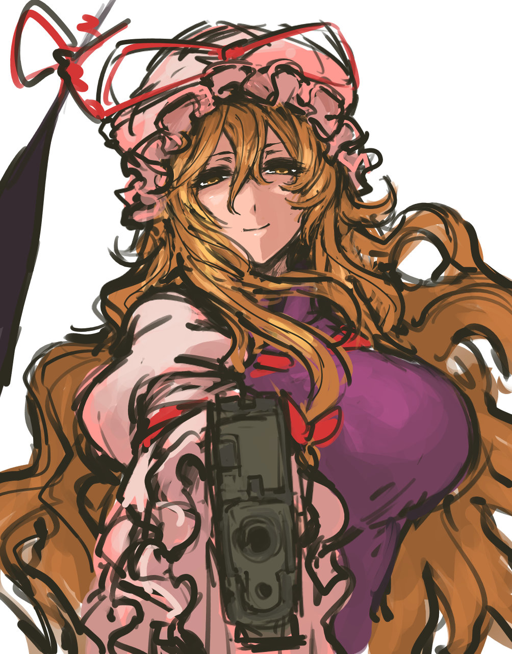 1girl aiming_at_viewer blonde_hair bow breasts bust frilled_sleeves frills gap gun hair_bow hat hat_ribbon highres holding holding_gun holding_weapon large_breasts long_hair long_sleeves mob_cap nameo_(judgemasterkou) pointing pointing_at_viewer red_bow red_ribbon ribbon simple_background smile solo tabard touhou very_long_hair wavy_hair weapon white_background yakumo_yukari yellow_eyes