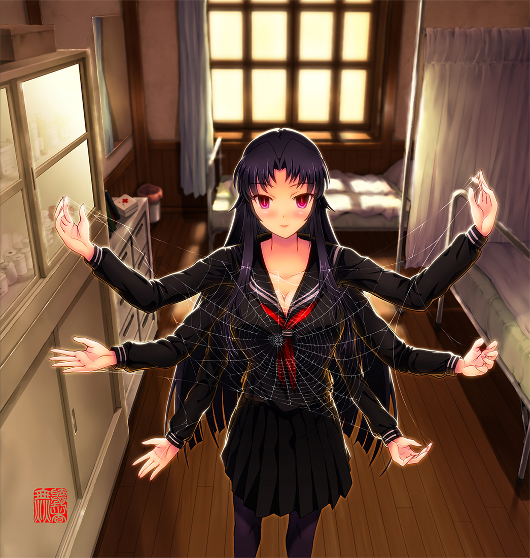 1girl black_hair blush breasts cleavage extra_arms infirmary large_breasts light_smile long_hair muchousha pink_eyes school_uniform signature skirt solo spider_web very_long_hair