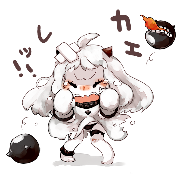 1girl ahoge bluetenbin clenched_hands crying dress horns kantai_collection long_hair looking_at_viewer mittens northern_ocean_hime pale_skin shinkaisei-kan simple_background tagme translation_request white_background white_dress white_hair