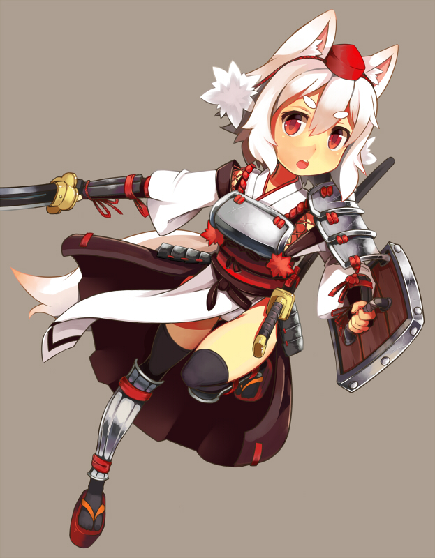 1_mutsuki 1girl animal_ears armor black_legwear blush detached_sleeves hat inubashiri_momiji japanese_clothes katana kourindou_tengu_costume looking_at_viewer obi open_mouth panties red_eyes sash shield short_hair simple_background solo sword tail thigh-highs tokin_hat touhou underwear weapon white_hair white_panties wolf_ears wolf_tail