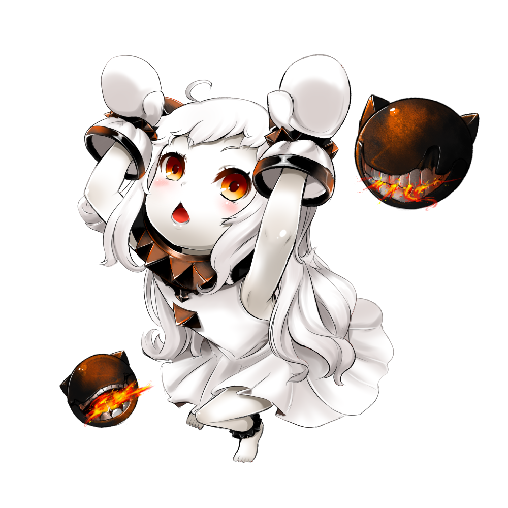 1girl ahoge blat bunny_pose chestnut_mouth dress from_above horns kantai_collection long_hair looking_up mittens northern_ocean_hime orange_eyes pale_skin shinkaisei-kan solo tagme white_background white_dress white_hair