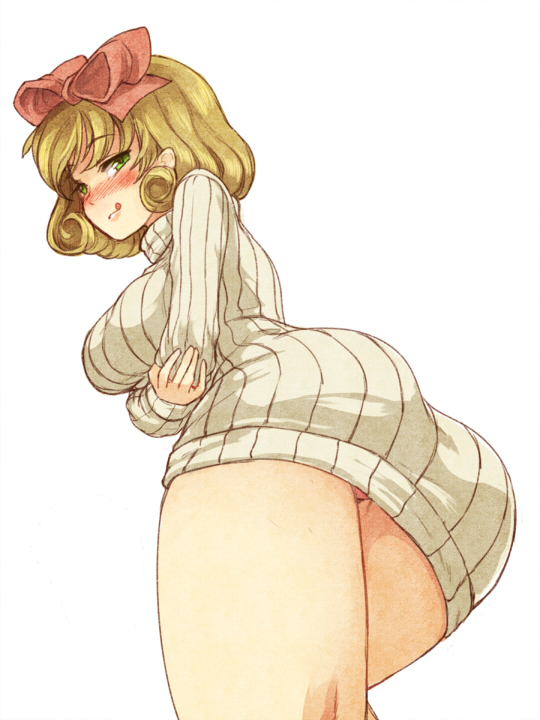 1girl :q ass blonde_hair blush bow breast_hold breasts green_eyes hair_bow haruka_(senran_kagura) large_breasts naked_sweater naughty_face open_mouth ribbed_sweater senran_kagura senran_kagura_(series) short_hair simple_background smile solo sweater tongue tongue_out urin white_background