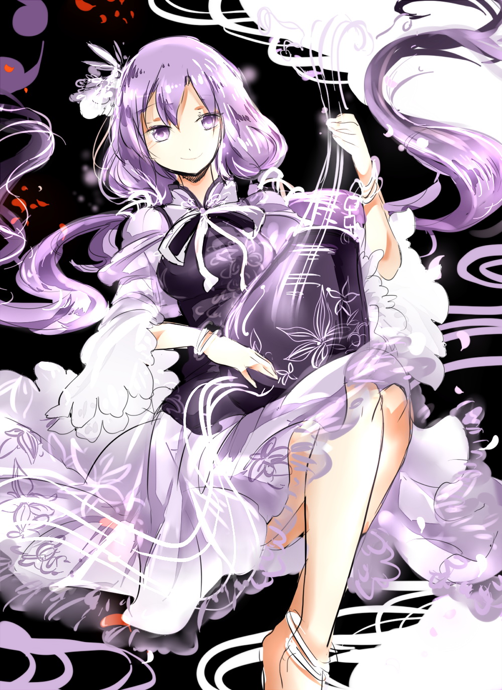 1girl alternate_costume bowtie hair_ornament highres long_hair low_twintails playing_instrument purple_hair shigureru sketch smile solo tagme touhou tsukumo_benben twintails