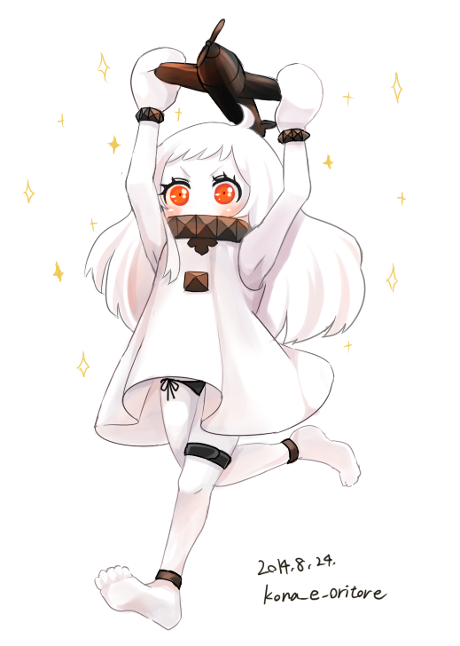 1girl ahoge airplane black_panties covered_mouth dress holding horns kantai_collection konna_e_oritore long_hair mittens northern_ocean_hime pale_skin panties red_eyes running shinkaisei-kan side-tie_panties solo sparkle tagme underwear white_background white_dress white_hair