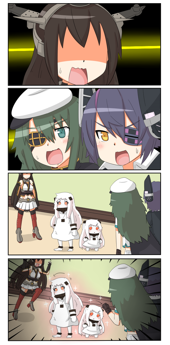 3girls 4koma barefoot black_gloves black_hair cape chibi clenched_hand comic commentary_request covered_mouth directional_arrow dress elbow_gloves eyepatch gloves green_eyes green_hair hat head_tilt headgear highres horns kantai_collection kiso_(kantai_collection) long_hair multiple_girls nagato_(kantai_collection) navel northern_ocean_hime open_mouth orange_eyes pale_skin pleated_skirt puchimasu! red_legwear running school_uniform serafuku shaded_face shinkaisei-kan silent_comic skirt sparkle surprised sweat tagme tenryuu_(kantai_collection) thigh-highs triangle_mouth wavy_mouth white_dress white_gloves white_hair yellow_eyes yuureidoushi_(yuurei6214) zettai_ryouiki