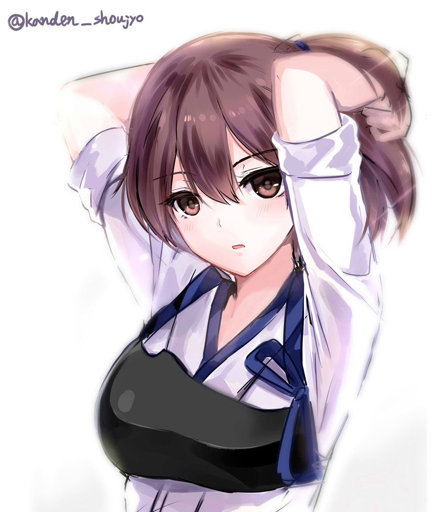 1girl arms_behind_head brown_eyes brown_hair japanese_clothes kaga_(kantai_collection) kantai_collection looking_at_viewer muneate open_mouth sadakofxe short_sleeves side_ponytail simple_background solo white_background