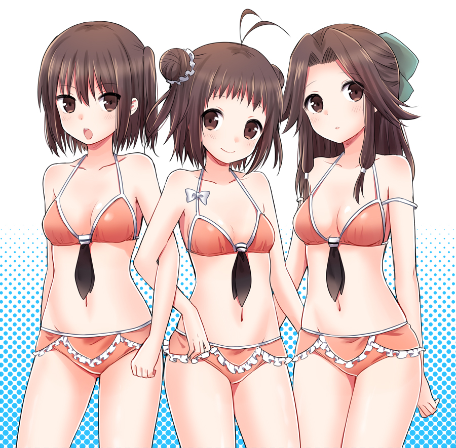 3girls alternate_costume antenna_hair bikini blue_eyes blush bow breasts brown_eyes brown_hair cleavage double_bun gloves hair_bow ica jintsuu_(kantai_collection) kantai_collection long_hair looking_at_viewer multiple_girls naka_(kantai_collection) navel open_mouth sendai_(kantai_collection) short_hair small_breasts smile swimsuit two_side_up