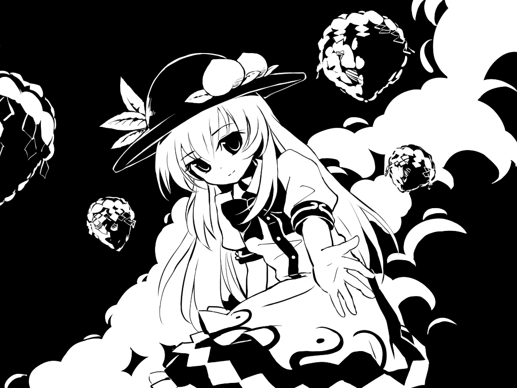 1girl bow clouds dress food fruit hat hinanawi_tenshi keystone kongari_(kngr) long_hair looking_at_viewer monochrome outstretched_arm peach sky smile solo touhou