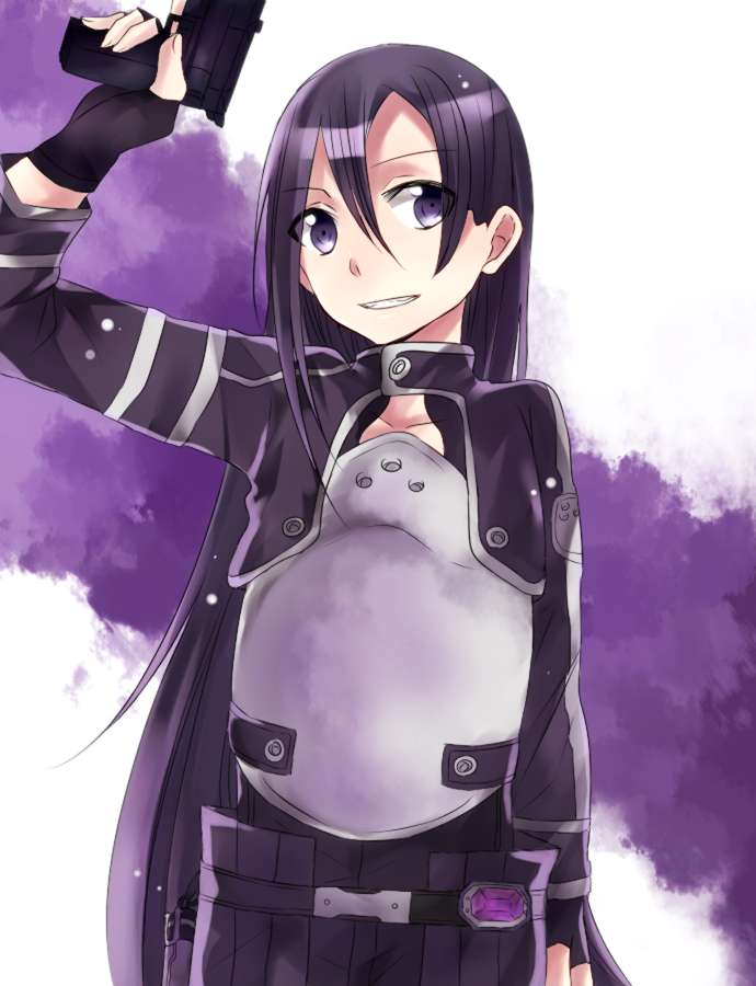 1boy black_hair breastplate fingerless_gloves five-seven_(gun) getsuyoubi gloves gun handgun kirito kirito_(sao-ggo) long_hair pistol sword_art_online trap violet_eyes weapon