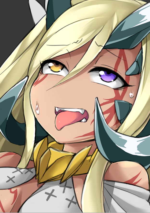 1girl ahegao blonde_hair character_request eyeroll fun_bo heterochromia horns portrait puzzle_&amp;_dragons solo sonia_gran sweat tongue tongue_out violet_eyes yellow_eyes